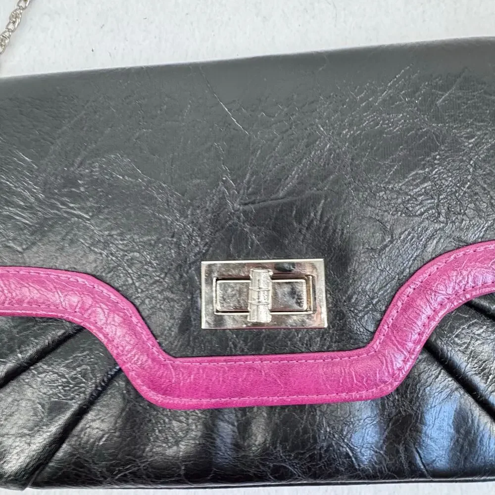 Vintage Black faux Leather Shoulder Bag Pink Trim Y2K Retro Baguette Purse - Picture 4 of 9